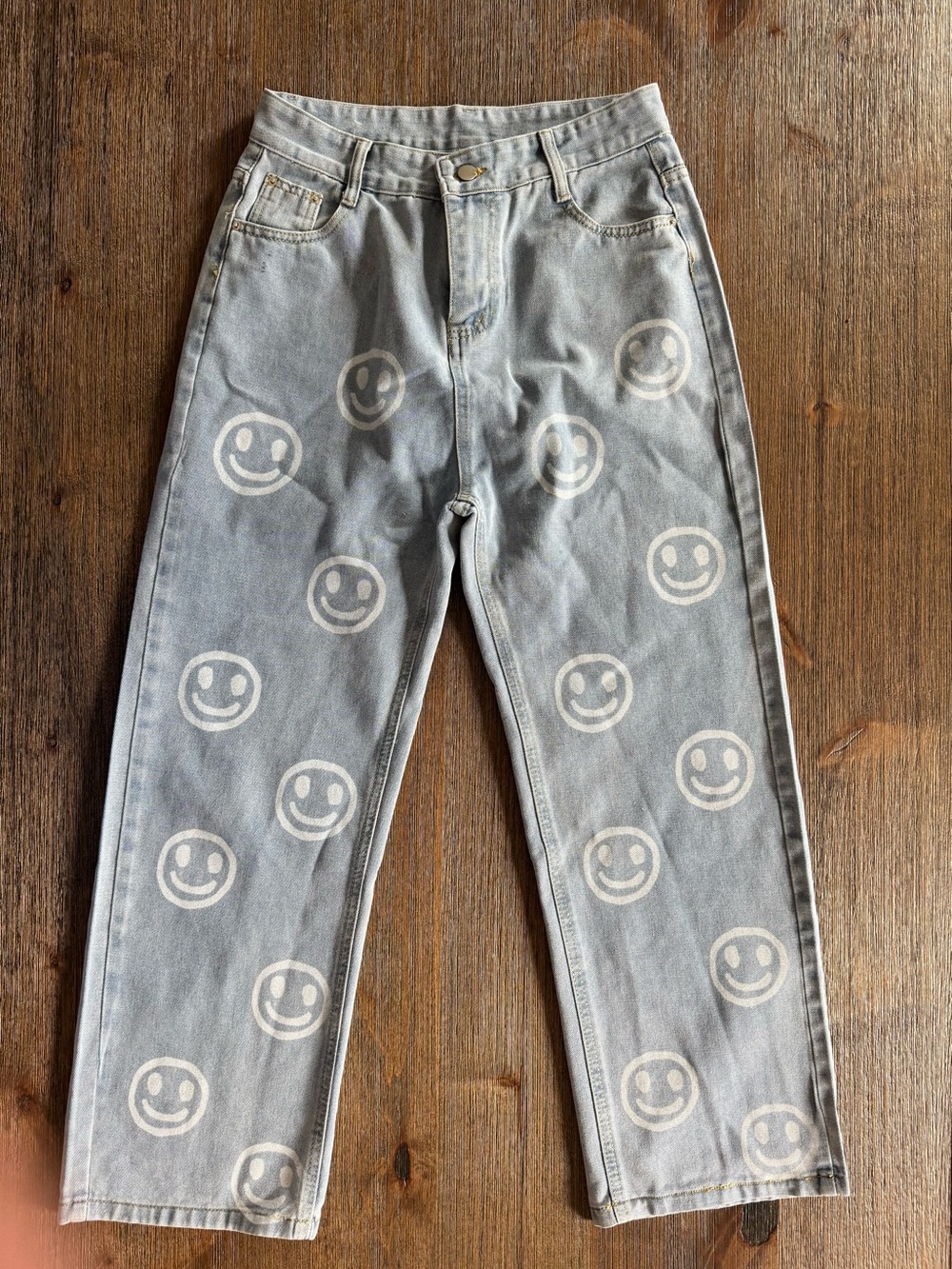 Light Wash Denim Smiley-Print Jeans / MED / Dopamine Dressing / Personality Pant